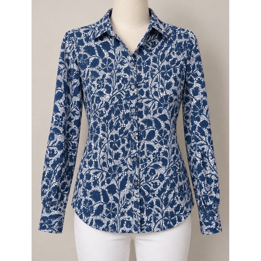 Ann Taylor Womens Small Blue White Floral Damask Button Down Shirt Long Sleeve